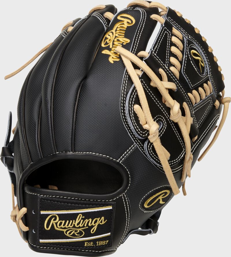 Black speed shell back of a Heart of the Hide 12-Inch Speed Shell glove with a black Rawlings patch - SKU: PRO206-30CBSS
