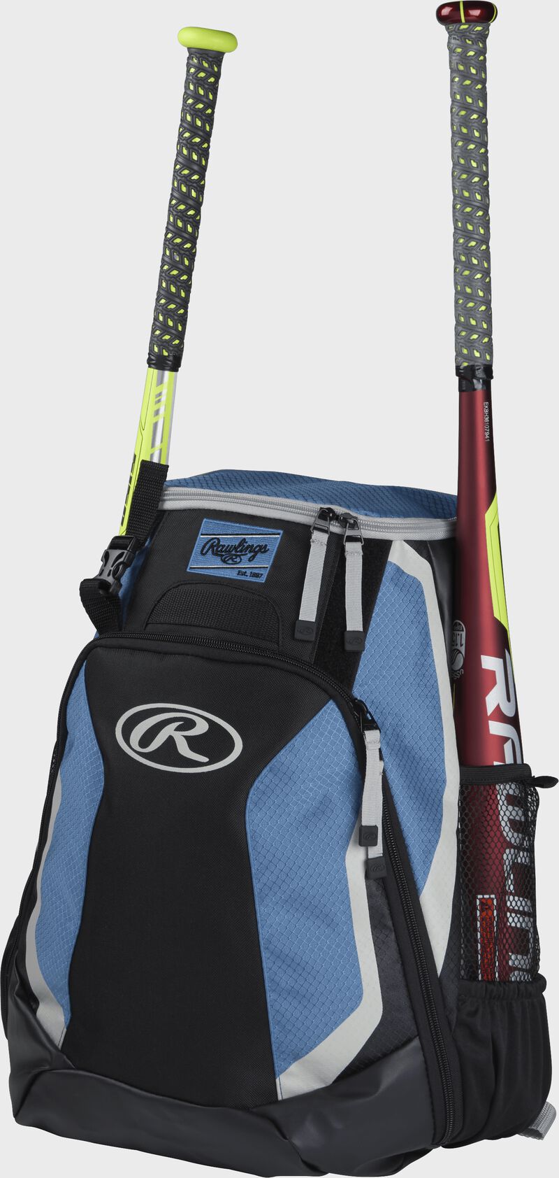 Left side of a black/columbia blue R500 baseball backpack with a red bat in the side sleeve