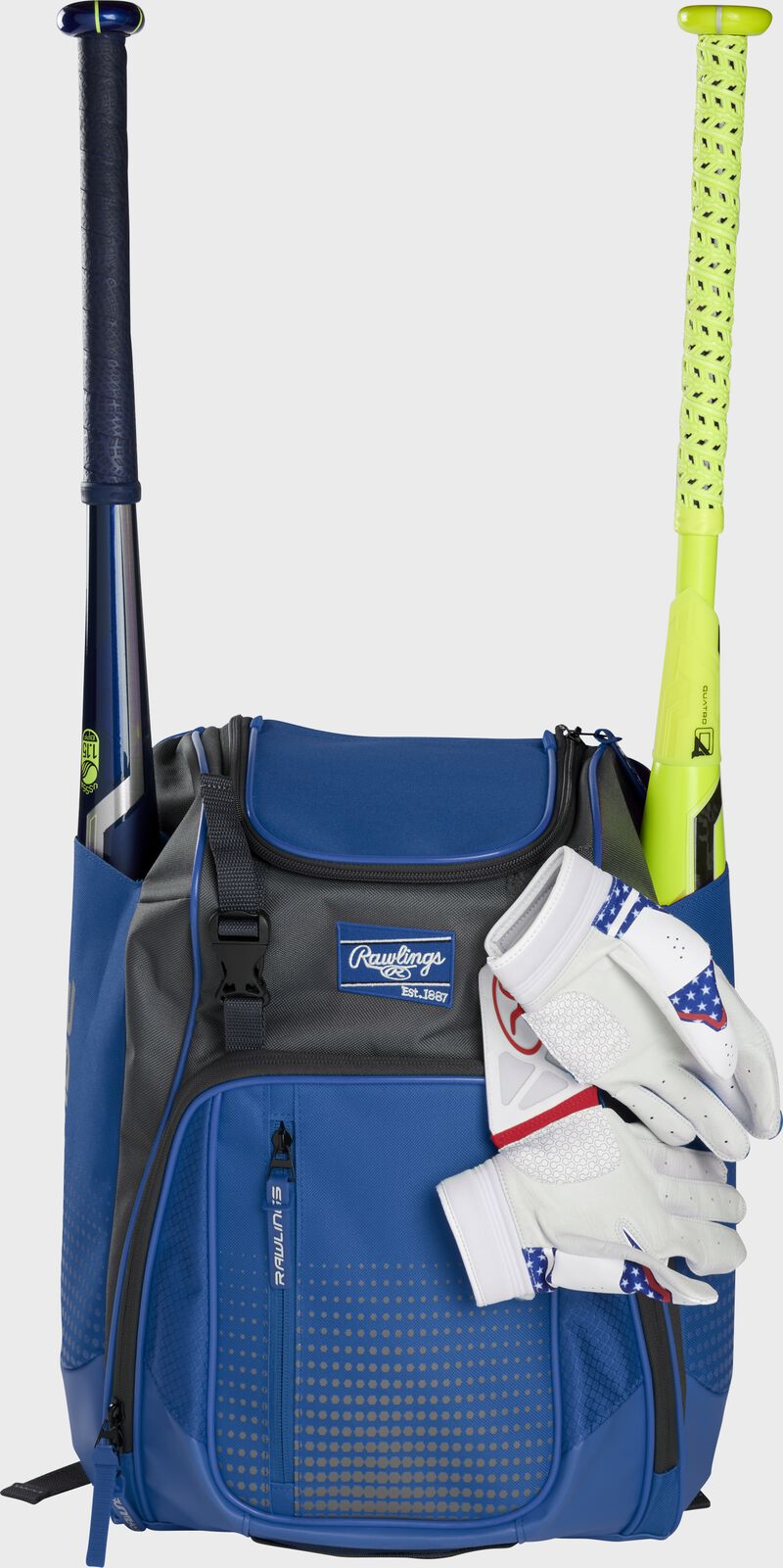 A royal Franchise backpack with two bats in the sides and batting gloves on the front Velcro strap - SKU: FRANBP-R