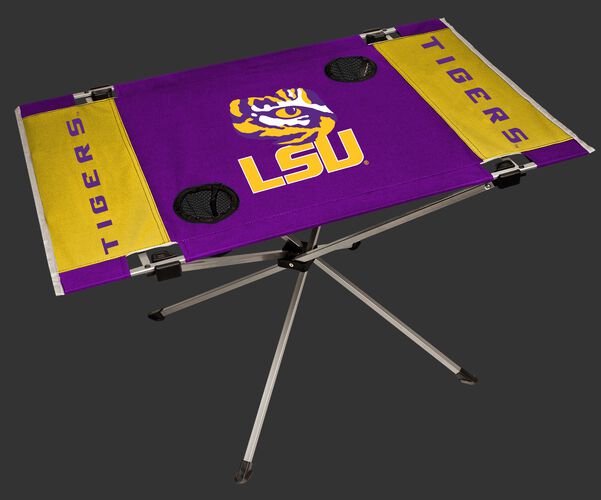 NCAA LSU Tigers Endzone tailgate table in team colors with a logo printed in the middle and two cup holders SKU #04053035111