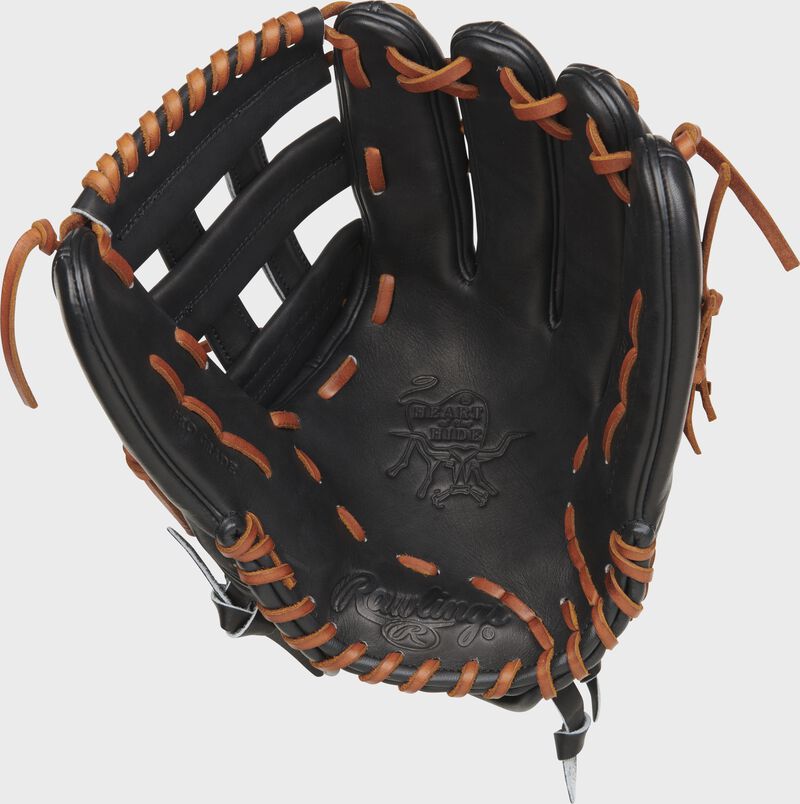 Black palm of a Rawlings Heart of the Hide slowpitch glove with tan laces - SKU: RPRO130SP-6B