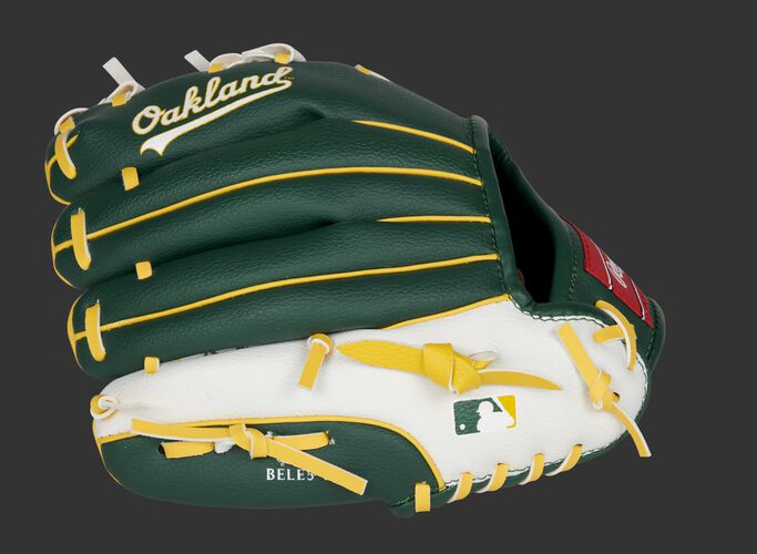 Green/white back of an Oakland Athletics youth glove with the MLB logo on the pinky - SKU: 22000003111