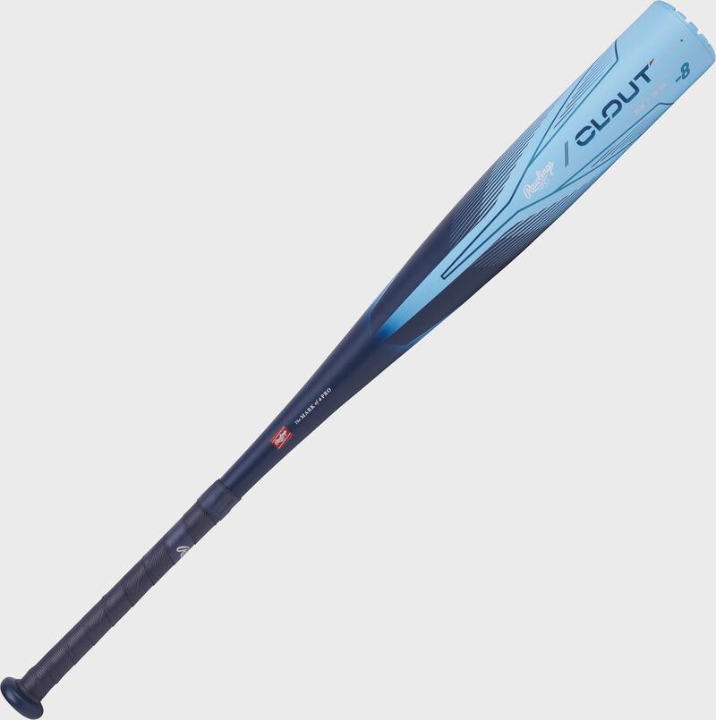Full view of a blue 2024 Rawlings Clout AI USSSA baseball bat angled from bottom left to top right - SKU: RUT4C8