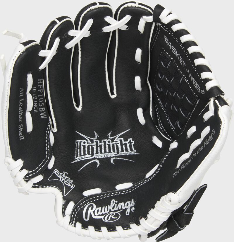 Palm of a black Rawlings 10.5-inch softball glove with white stamping and white laces - SKU: HFP105BW-RH