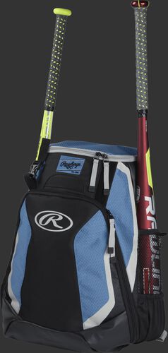 Left side of a black/columbia blue R500 baseball backpack with a red bat in the side sleeve