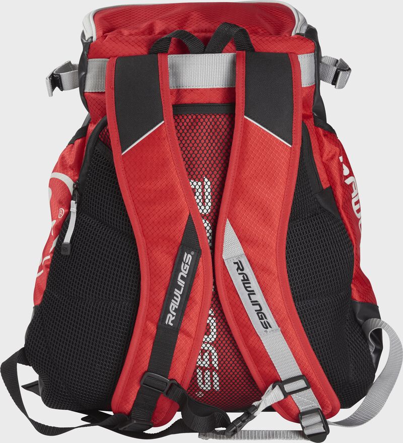 Back of a scarlet VELOBK Rawlings Velo backpack with scarlet shoulder straps