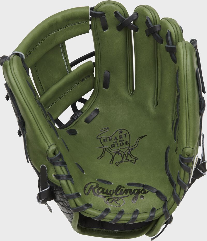 Military green palm of a Heart of the Hide ColorSync 8.0 infield glove with black laces - SKU: PRO204W-2XMG