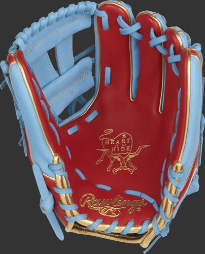 Scarlet palm of a Rawlings Gameday 57 Series Kolten Wong infield glove with gold stamping and columbia blue laces - SKU: RSGPRO314-7SCB