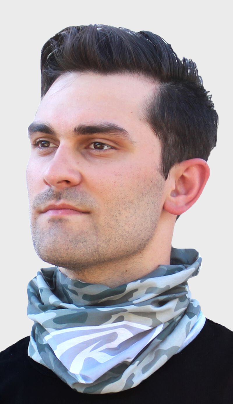 Front left-side view of Rawlings Adult Multi-Functional Head and Face Gear, Camo on neck - SKU: RC40004-500