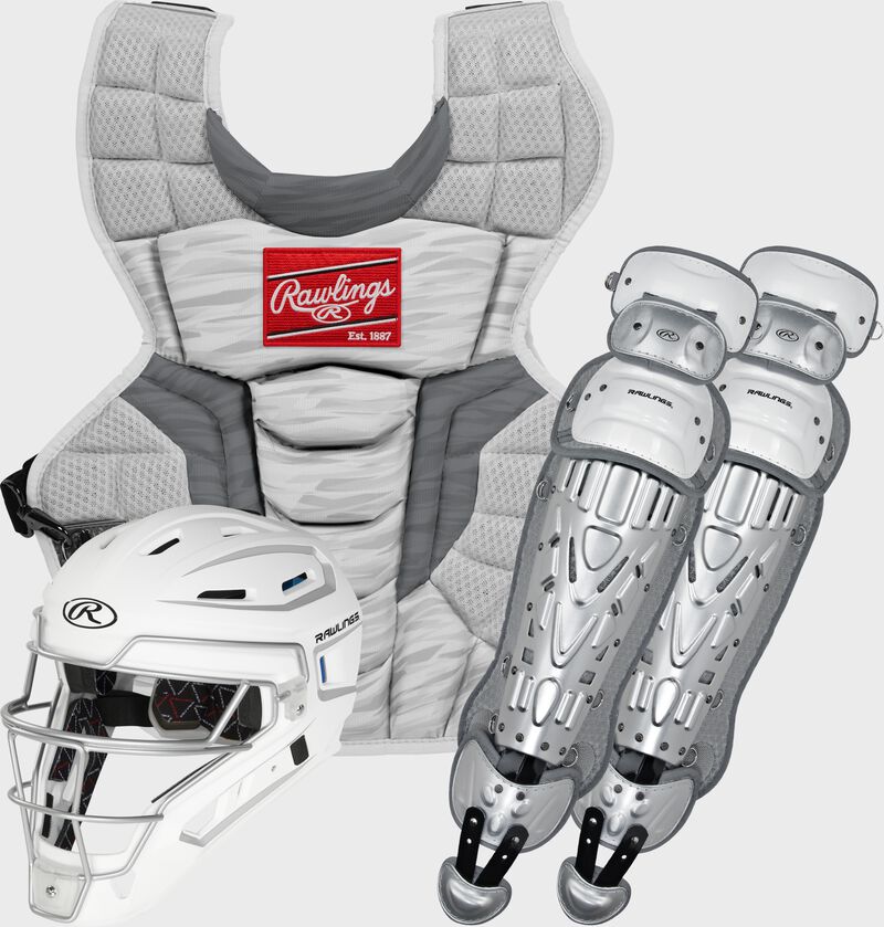 A white Velo 2.0 catcher's gear set with a catcher's helmet, chest protector and leg guards - CSV2A-W/SIL loading=
