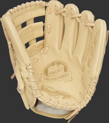 Camel palm of a DJ LeMahieu Pro Preferred glove with a camel web and laces - SKU: PROSNP4-DJ26