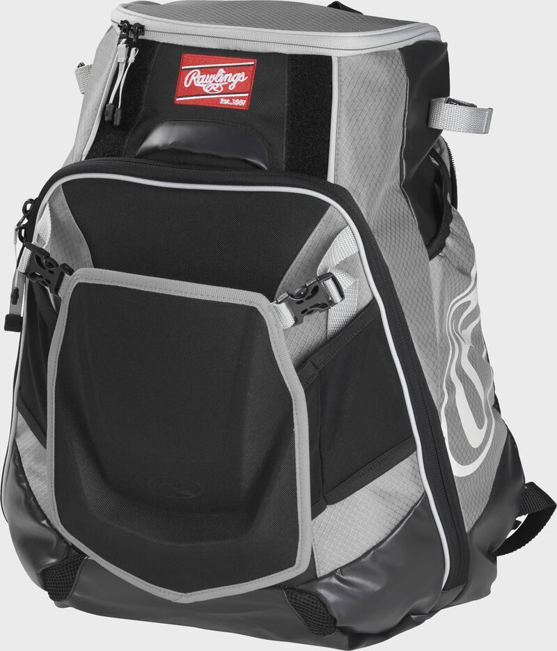 Front left of a gray VELOBK Rawlings Velo equipment backpack with an Oval R logo on the side compartment