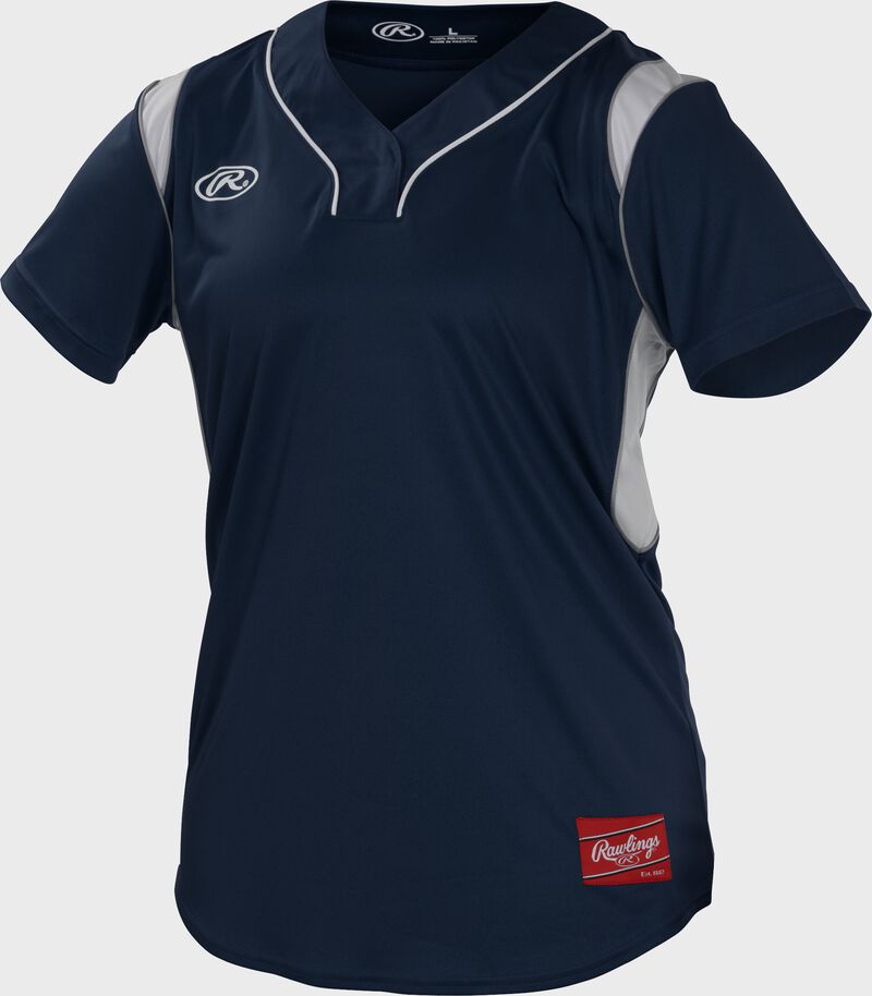 A navy Rawlings hidden button softball jersey with white shoulder & side inserts - SKU: WHBJ-N
