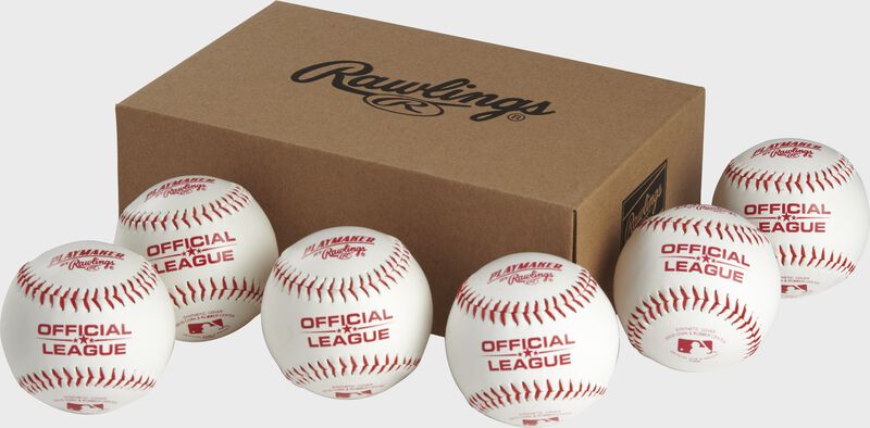6 Rawlings Playmaker baseballs in front of a box - SKU: PMBBPK6