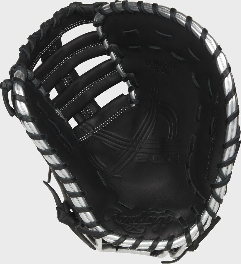Black palm of a Rawlings Encore 1st base mitt with black laces - SKU: ECFBM-10B