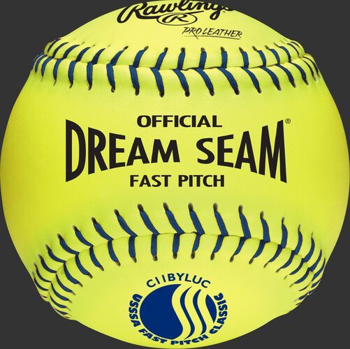 A yellow C11BYLUC USSSA official 11-inch softball with blue stitching