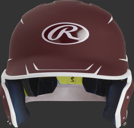 Front of a matte cardinal/white MACH senior size batting helmet
