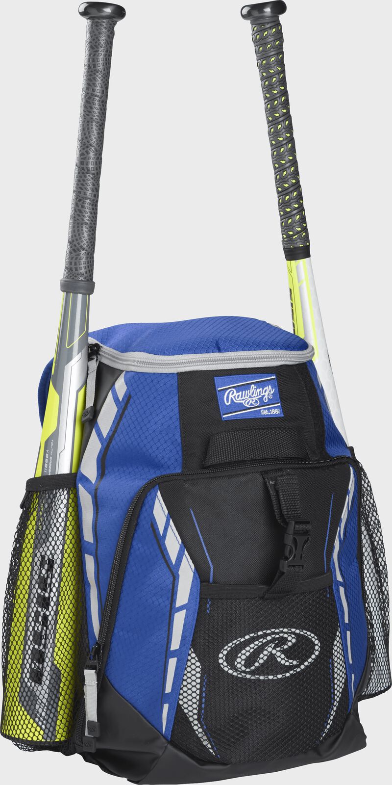 Front left view of a Royal Rawlings Youth Players Team Backpack with two bats | SKU:R400-R