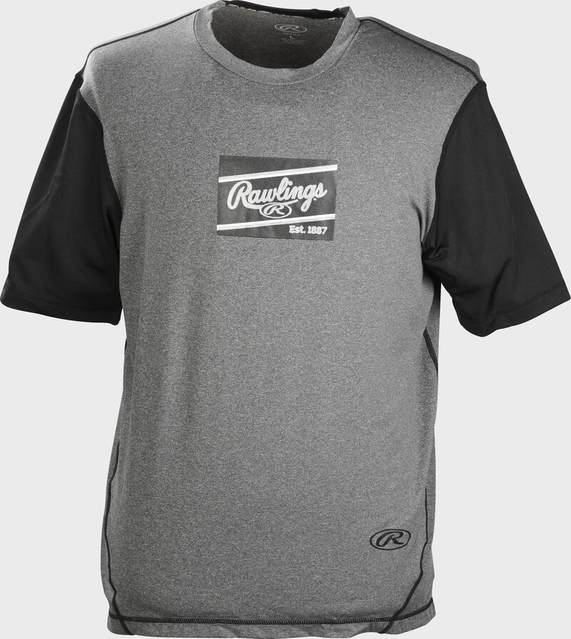 A gray/black Rawlings adult Hurler performance short sleeve shirt with a black Rawlings logo on the chest - SKU: HSSP-GR/B