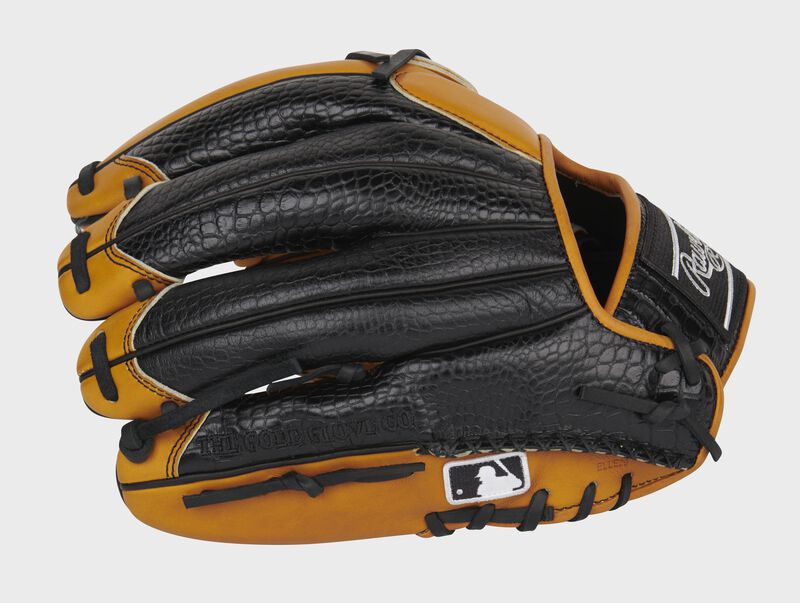 Black Croc embossed leather back of a Pro Preferred leather glove with the MLB logo on the pinkie - SKU: PROS205-30TC