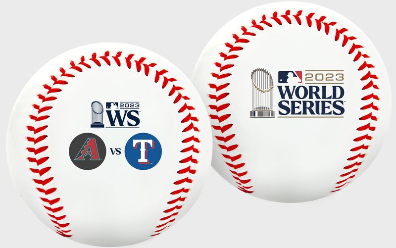 A 2023 MLB World Series Dueling Teams replica baseball with the D-Backs & Rangers logos loading=