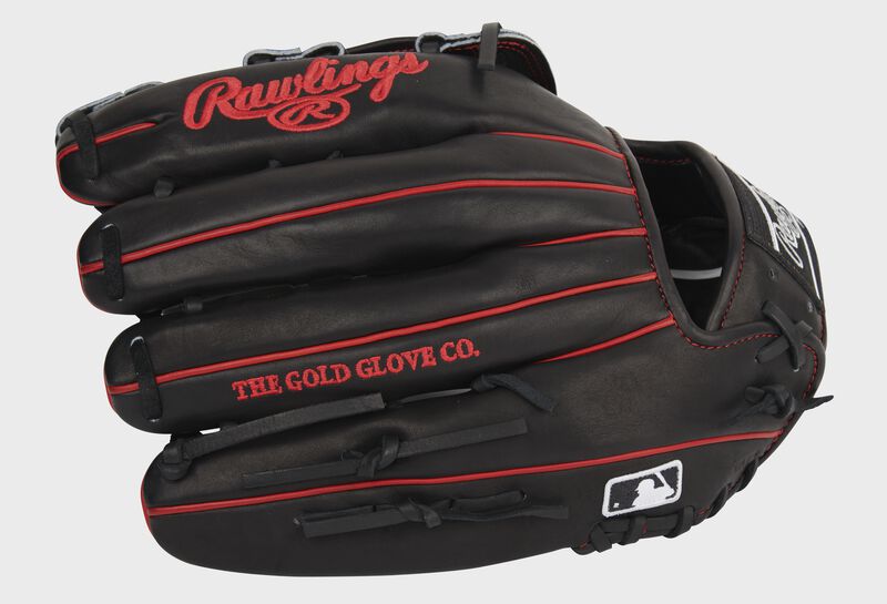 Black back of a Rawlings Pro Preferred outfield glove with the MLB logo on the pinkie - SKU: PROS3029-6B