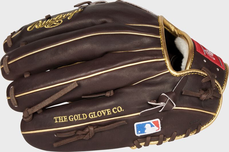 Mocha finger backs of a Rawlings Pro Preferred Manny Machado glove with the MLB logo on the pinky - SKU: PROSNP7-MM13