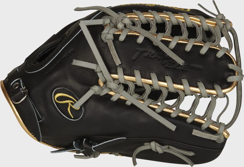 Web back view of black, gold, and gray 2021 Pro Preferred 12.75-inch outfield glove | Mike Trout Pattern