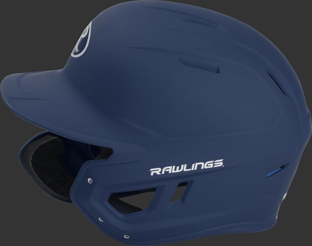 Left side of a MACHEXTL junior Rawlings batting helmet with a one-tone matte navy shell