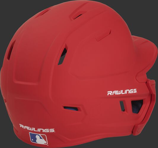 Back right of a matte scarlet MACHEXTL Rawlings senior size batting helmet