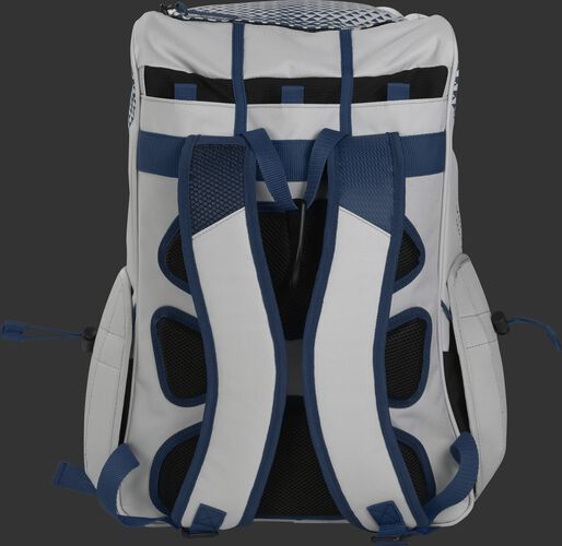 Back of a white/navy R800 Rawlings fastpitch backpack with black back padding and white shoulder straps