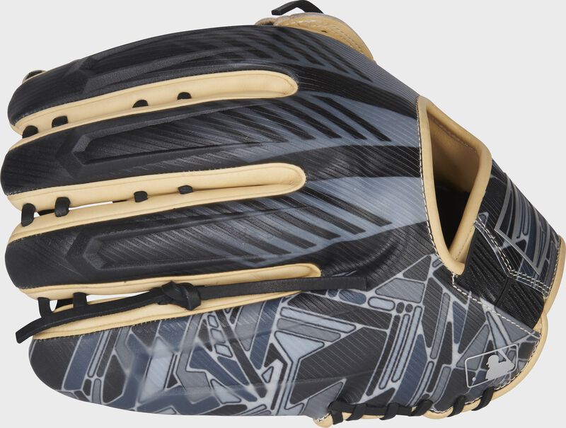 Pinky back view of camel and black 2022 REV1X 12.75-inch outfield glove