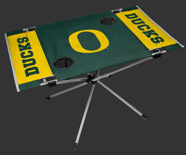 NCAA Oregon Ducks Endzone table featuring team colors, team logos and has two cup holders SKU #04053095111