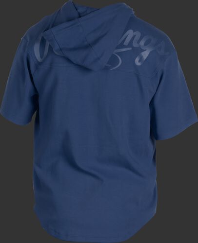 Back of a navy Rawlings Gold Collection short sleeve hoodie with a navy script Rawlings logo across the back - SKU: GJJ-N