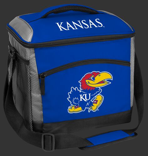 A blue Kansas Jayhawks 24 can soft sided cooler with screen printed team logos - SKU: 10223034111