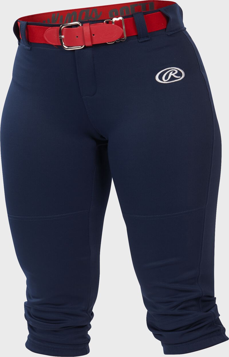 WLNCH navy Women's launch softball pants with a scarlet belt