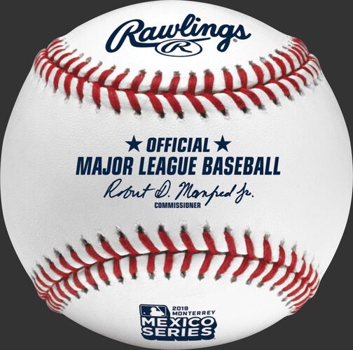A ROMLBMS19 MLB 2019 Mexico Series baseball with the Official Ball stamp and league commissioner's signature
