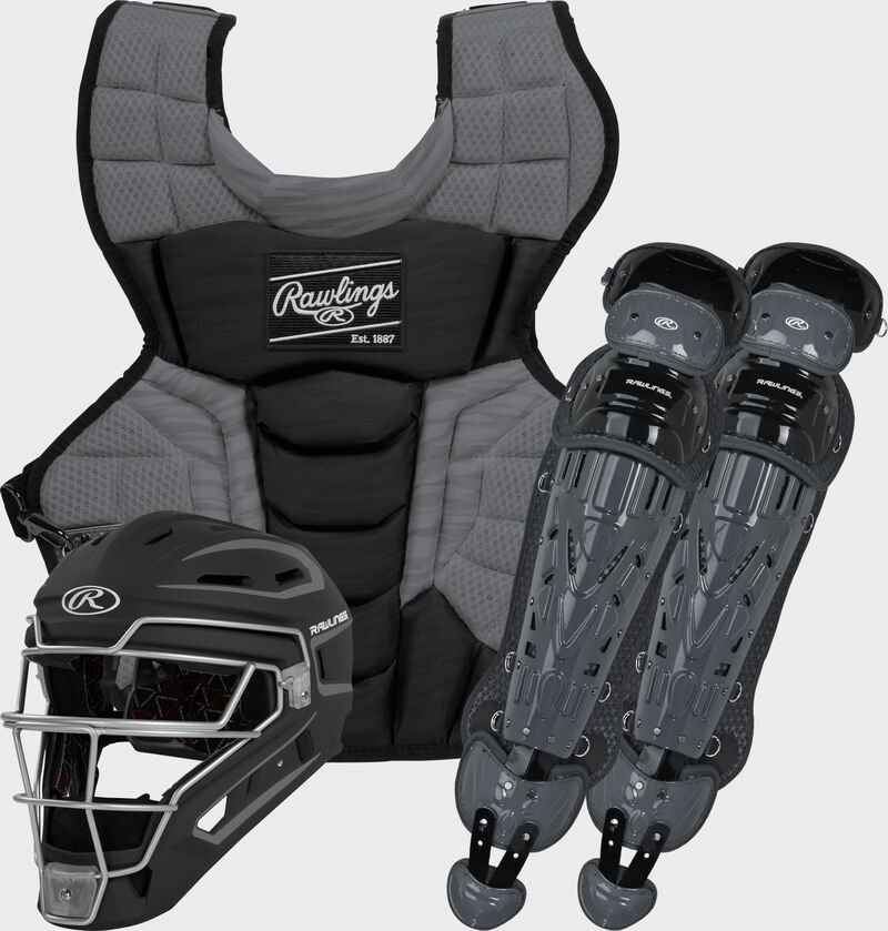 A black Velo 2.0 catcher's gear set with a catcher's helmet, chest protector and leg guards - CSV2A-B/GPH