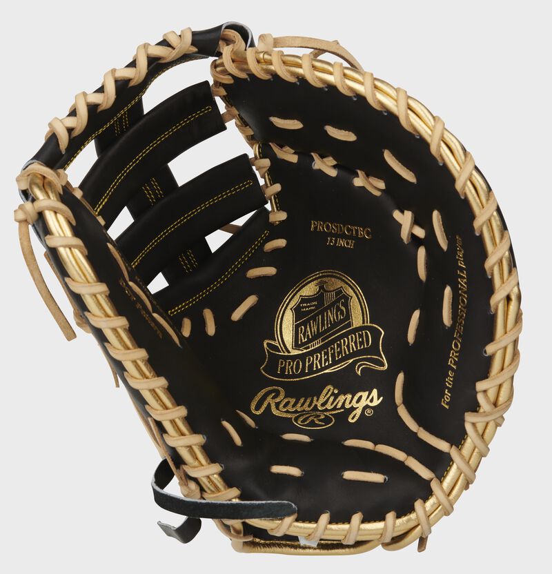 Black palm of a Rawlings Pro Preferred first base mitt with gold stamping and camel laces - SKU: PROSDCTBC