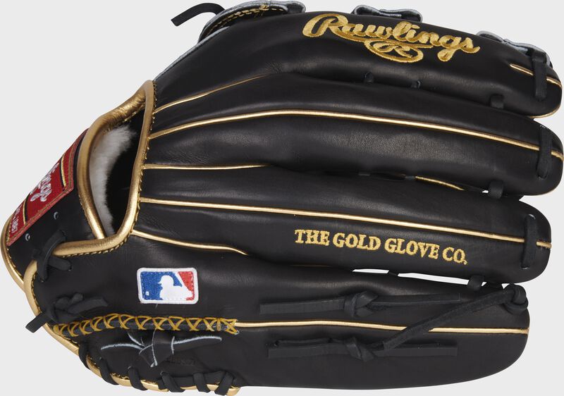 Back of a left handed Gold Glove 12.75-Inch outfield glove with a MLB logo on the pinky - SKU: RGG1275PRO-RH