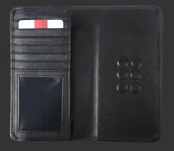 Inside of a black universal magnetic phone case with card slots and ID window on the left - SKU: RO90006-001