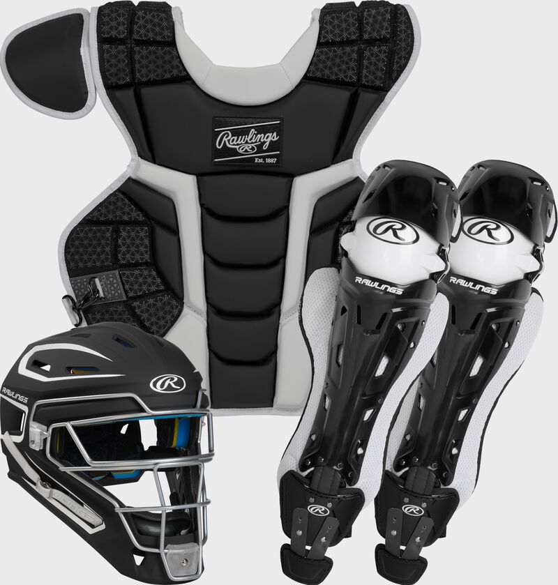A black/white Mach catcher's gear set with a black/white helmet, chest protector and leg guards - SKU: MKITN-B