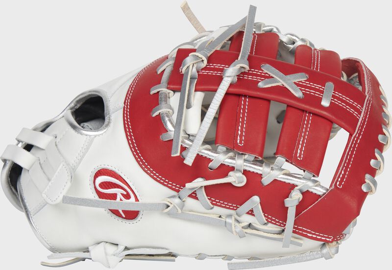 Thumb of a white/scarlet Liberty Advanced Color Series 13-Inch first base mitt with a scarlet web - SKU: RLADCTSBWSP