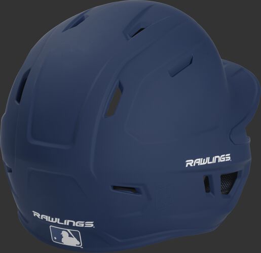 Back right of a matte navy MACHEXTR Rawlings high school/college batting helmet