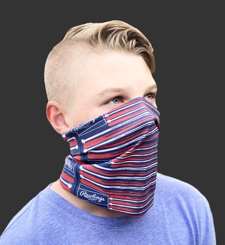 A kid wearing a flag & bats youth multi-use neck gaiter over his mouth and nose - SKU: YRC40003-999