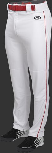Front of Rawlings White/Scarlet Youth Launch Semi-Relaxed Piped Baseball Pant - SKU #YLNCHSRP