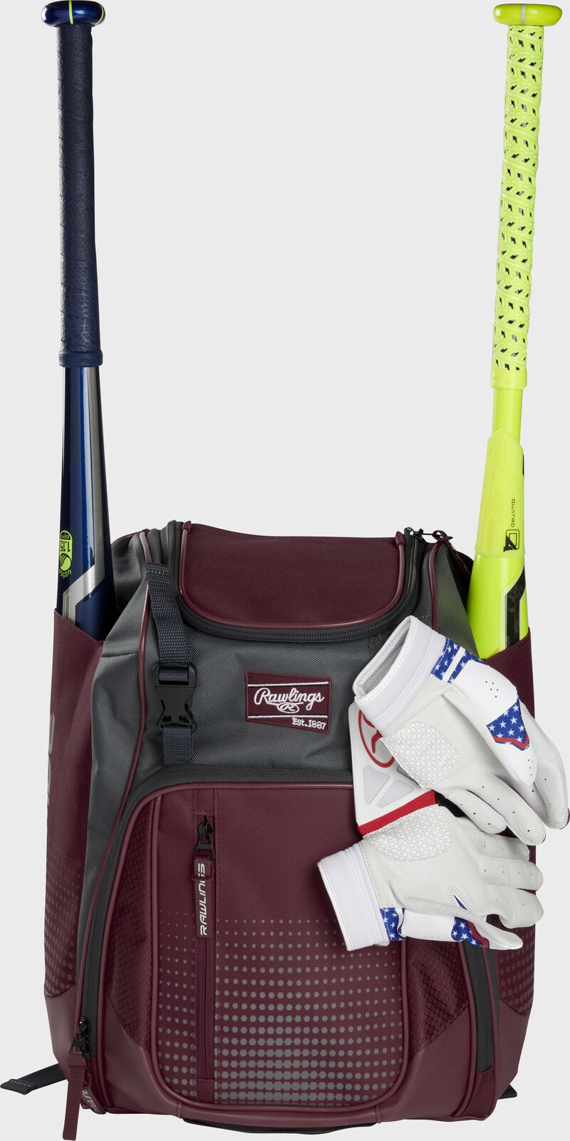A maroon Franchise backpack with two bats in the sides and batting gloves on the front Velcro strap - SKU: FRANBP-MA