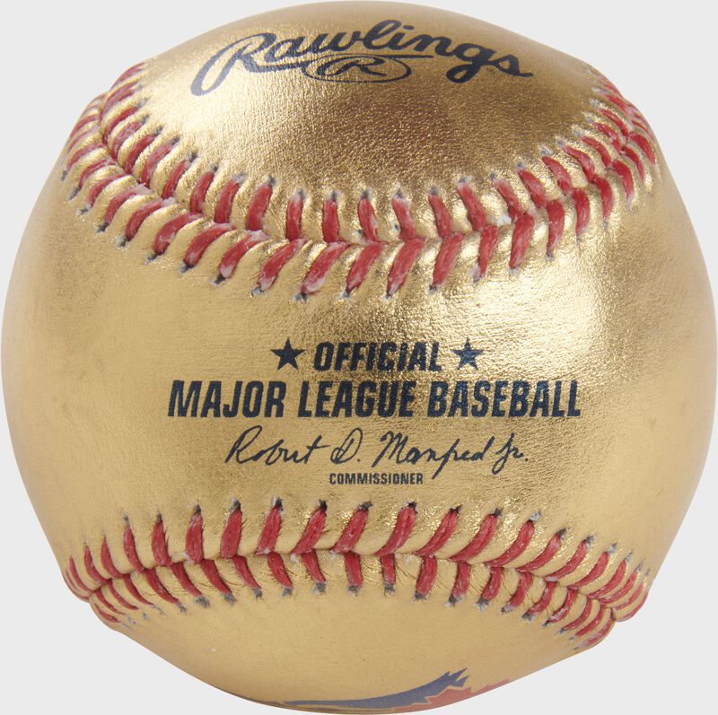 A Toronto Blue Jays Rawlings Gold MLB team baseball with the official ball MLB stamp - SKU: RSGEA-GOLDTOR-R