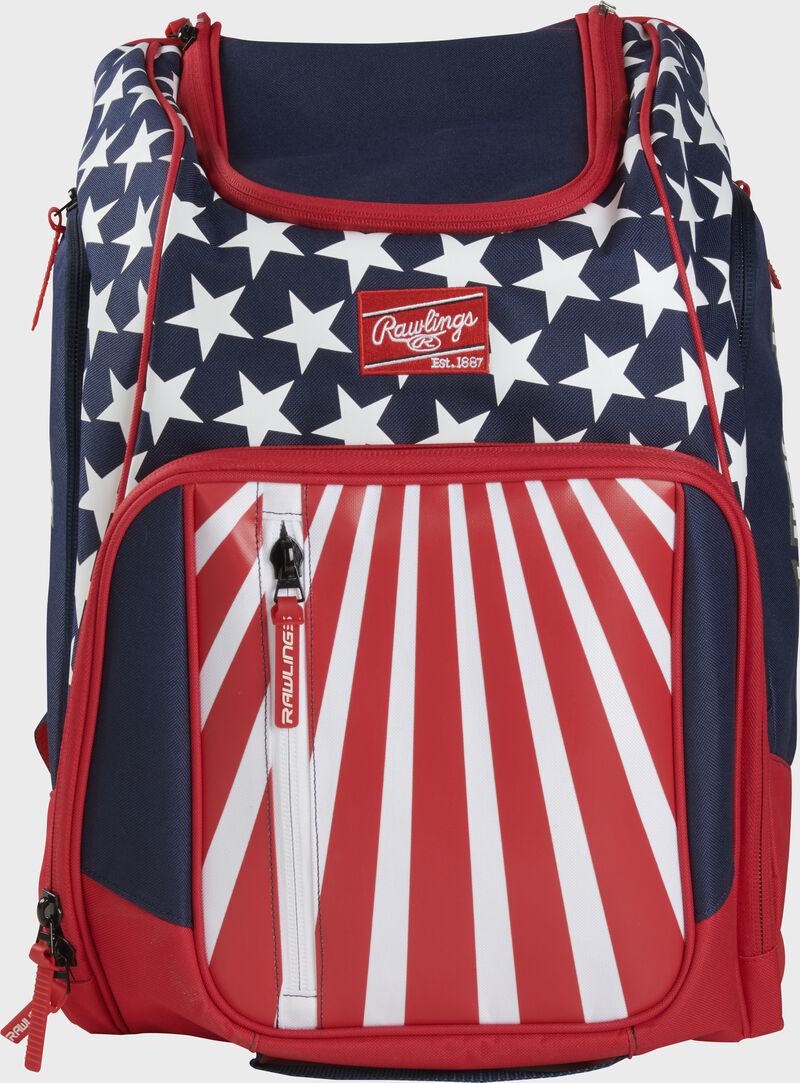 Front view of red, white, and blue Rawlings Legion Backpack - SKU: LEGION