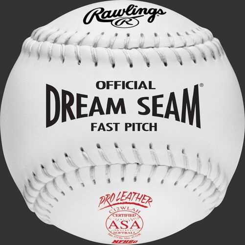 A white C12WLAH ASA NFHS official Dream Seam softball with white stitching